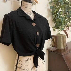 Black crop top tie front black funky whimsigoth geometric wood buttons